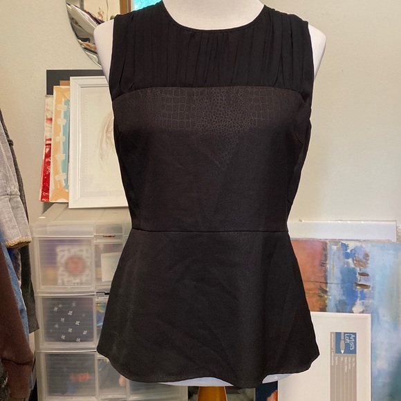 CABI gorgeous black sheer pleated neckline and peplum hem top! Fancy black tie. - Picture 2 of 11